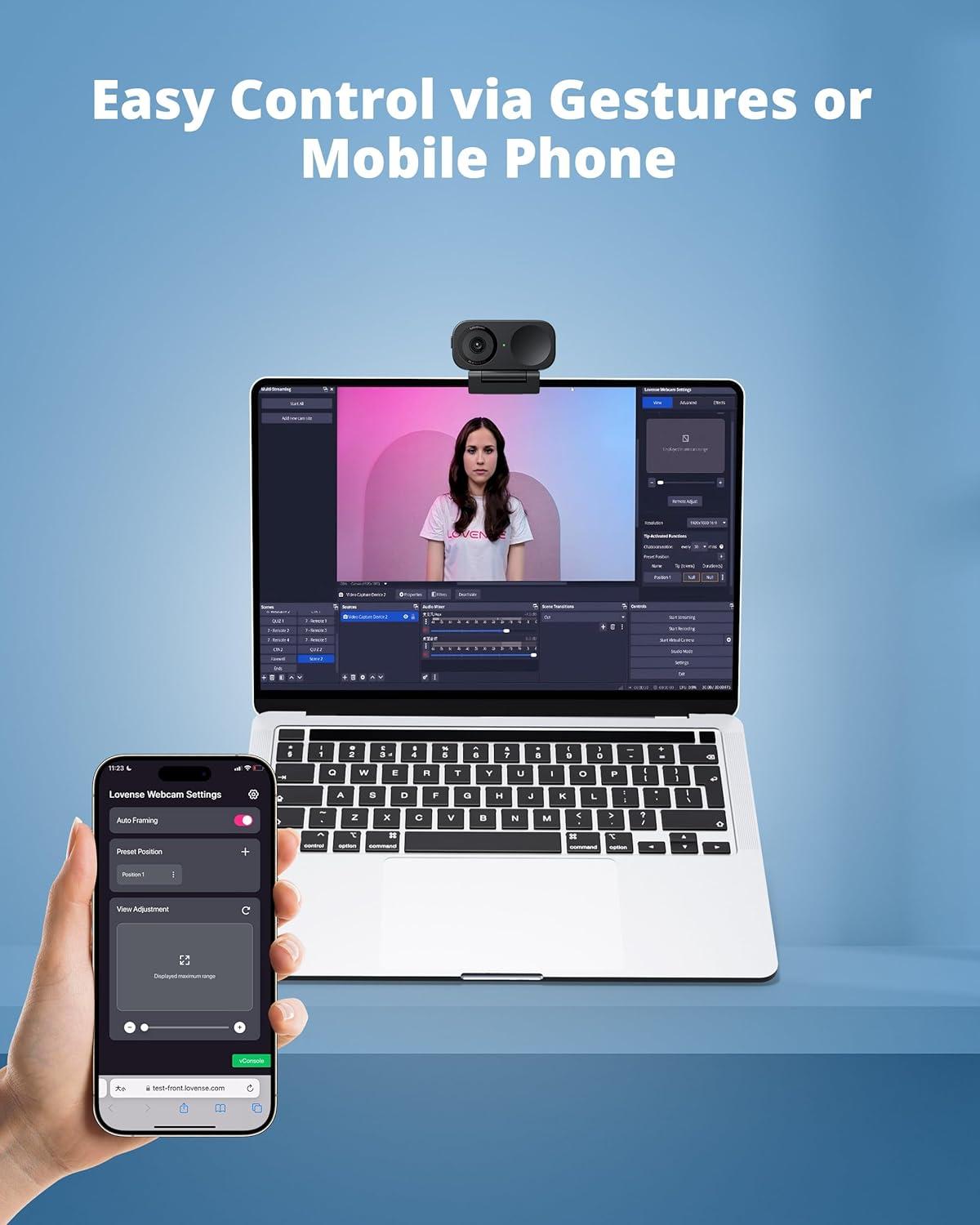 imageLOVENSE Webcam 2 4k for PC Live Streaming Camera 12 Sensor True Focus Al Noise Canceling Hand Gesture Control Mobile Control Auto Framing Customizable Audio Modes Microphones Privacy ControlLovense Webcam 2