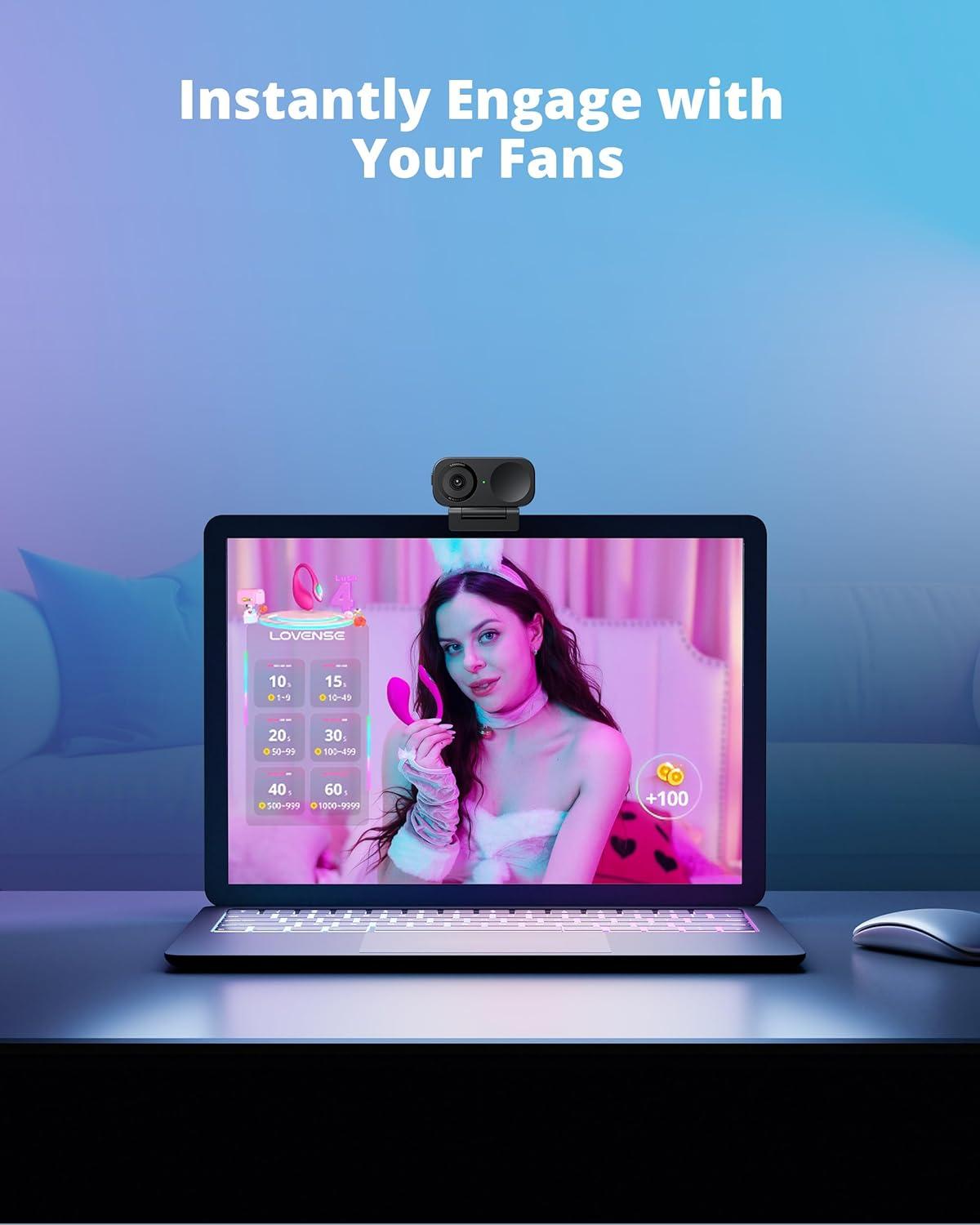imageLOVENSE Webcam 2 4k for PC Live Streaming Camera 12 Sensor True Focus Al Noise Canceling Hand Gesture Control Mobile Control Auto Framing Customizable Audio Modes Microphones Privacy ControlLovense Webcam 2