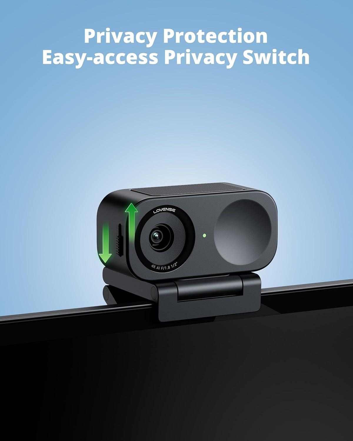 imageLOVENSE Webcam 2 4k for PC Live Streaming Camera 12 Sensor True Focus Al Noise Canceling Hand Gesture Control Mobile Control Auto Framing Customizable Audio Modes Microphones Privacy ControlLovense Webcam 2